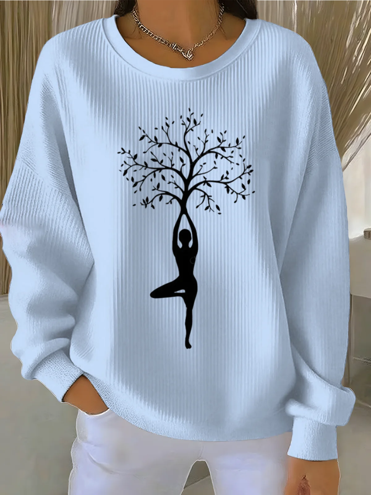 White Crew-Neck Sweatshirt with Yoga Tree Pose Graphic