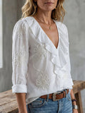 Women Ruffle V Neck Embroidery Patterns Spring Summer Going Out Elegant Blouse