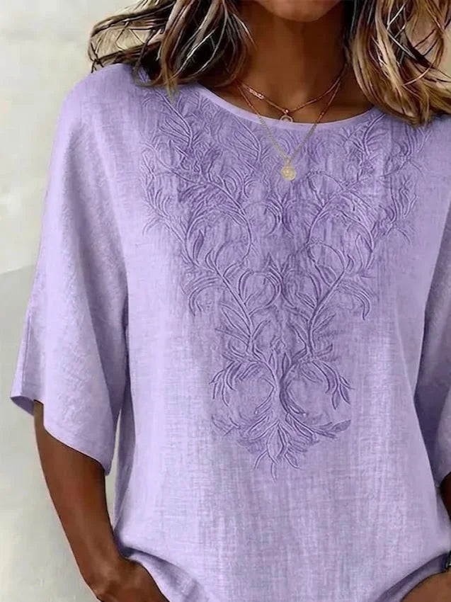 Women's Half Sleeve Blouse Summer Purple Plants Printing Crew Neck Daily Going Out Vintage Top