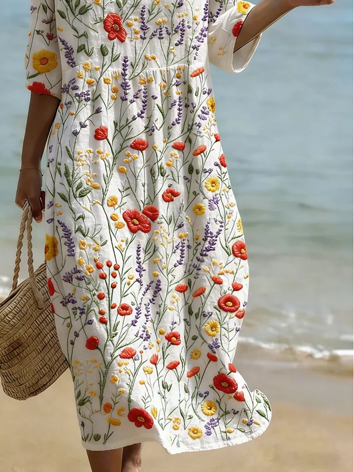 Others Linen Blend Vintage Floral Dress With No