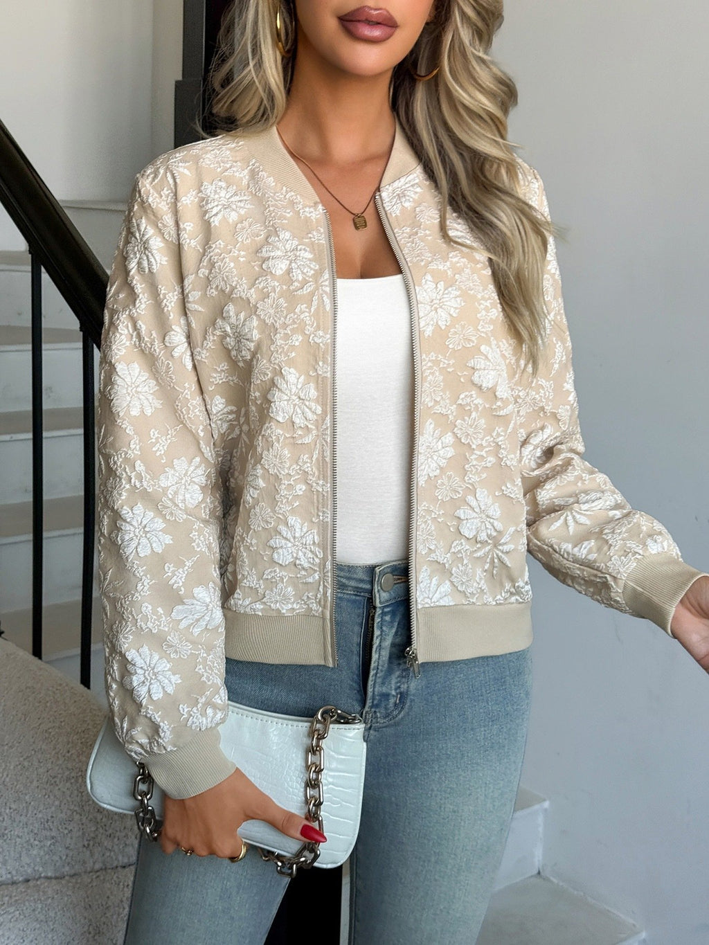 Ethnic Regular Fit Stand Collar Autumn And Winter New Jacquard Zipper Jacket Loose Temperament Commuting Casual Tops Women's Coat