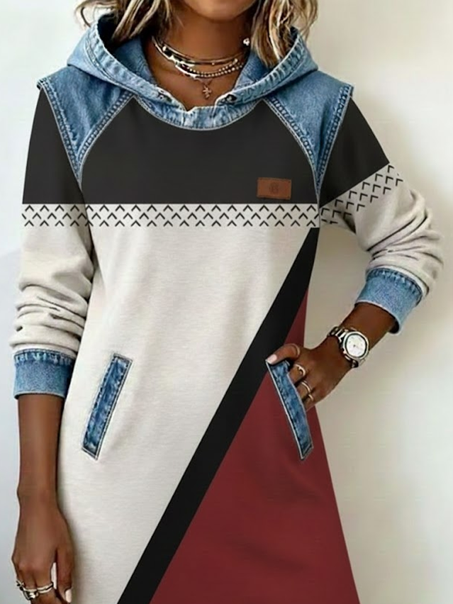 Women's Abstract Print Patchwork Denim Casual Dress