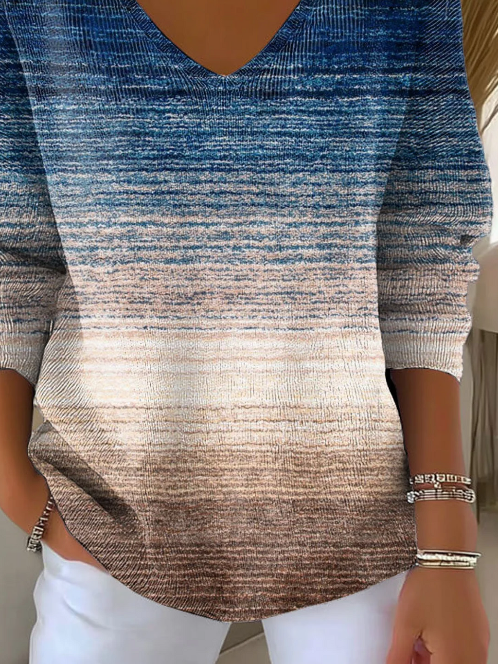 Women's Long Sleeve T-shirt Spring/Fall Blue Abstract Printing V Neck Daily Going Out Casual Top