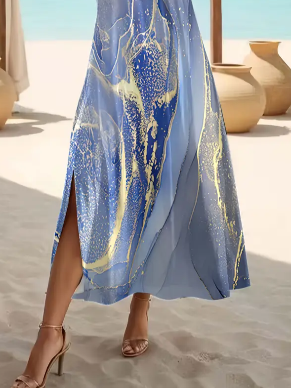 Women's Abstract Print Casual Round Neck Short Sleeve Slit Dress