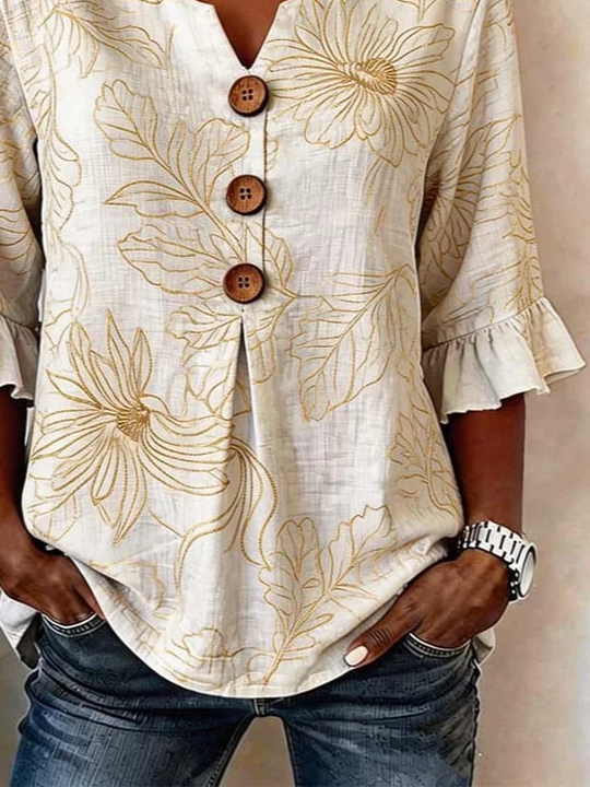 Women's Half Sleeve Blouse Summer Apricot Floral Printing V Neck Daily Going Out Vintage Top