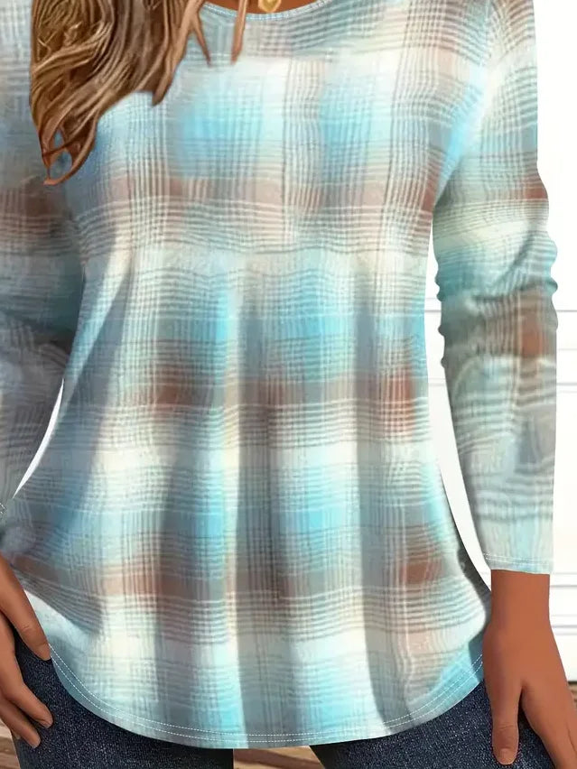 Women's Long Sleeve T-shirt Spring/Fall Blue Abstract Plaid Printing Jersey Crew Neck Daily Going Out Casual Top