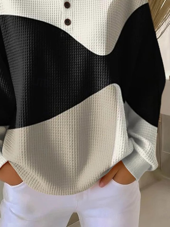 Women's Abstract Print Button-Up Casual Waffle Knit Sweatshirt