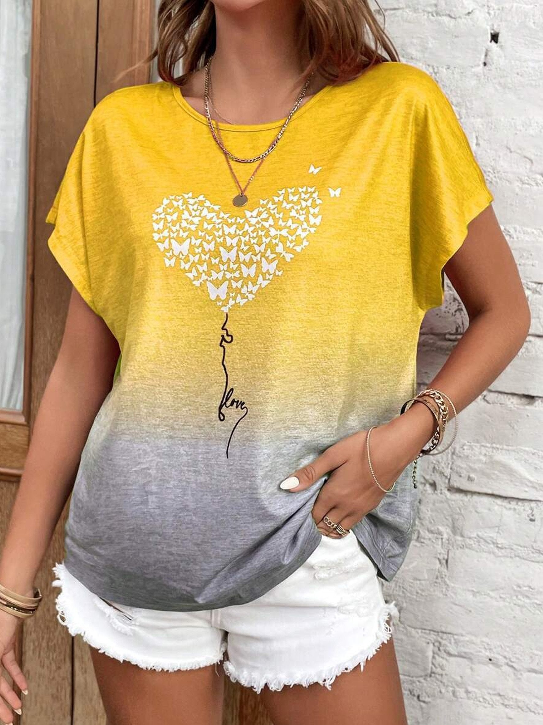 Heart/Cordate Print Crew Neck Sleeveless Jersey Casual T-Shirt