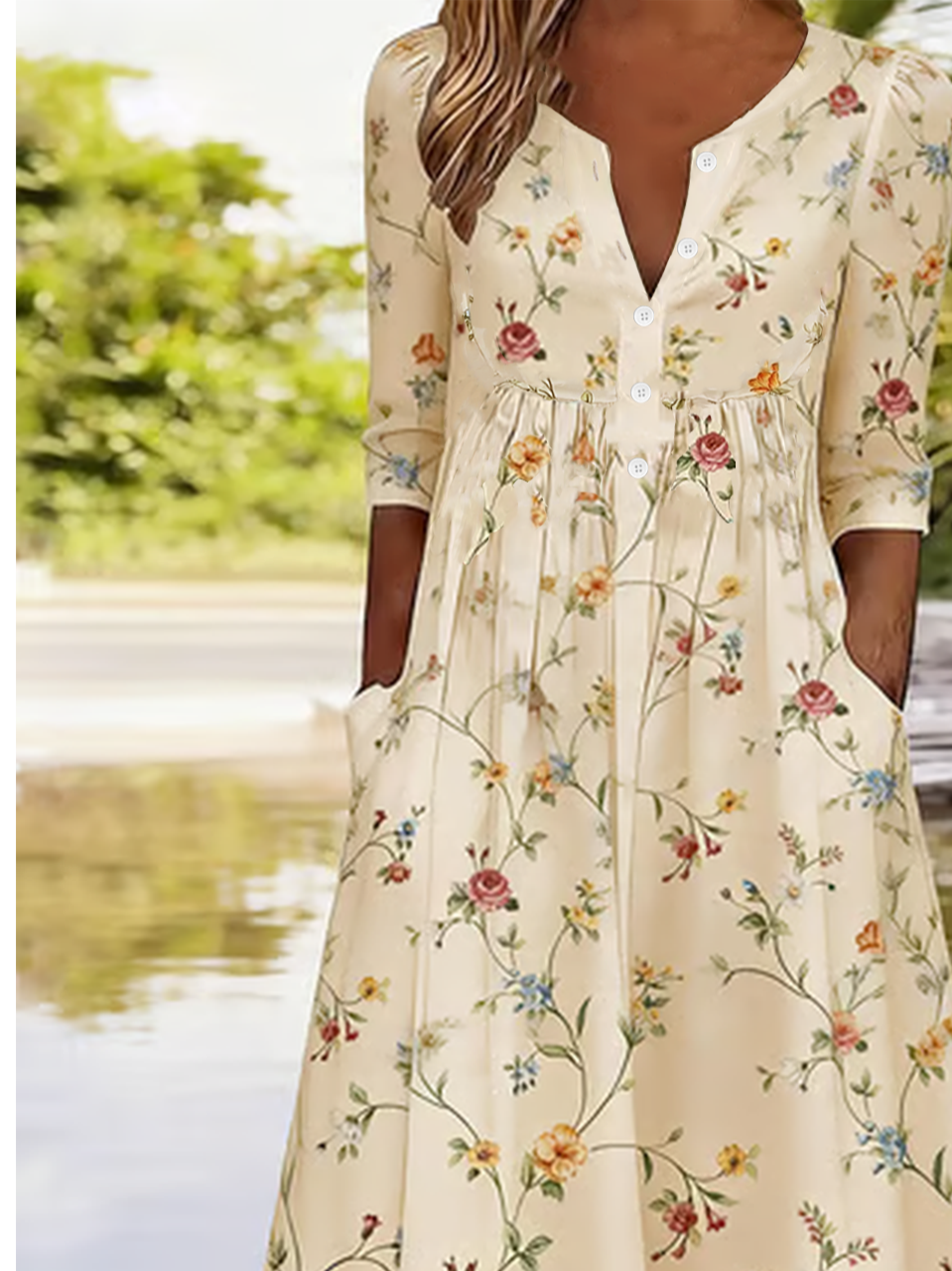 Casual Botanical Pattern Half Open Collar Dress With No