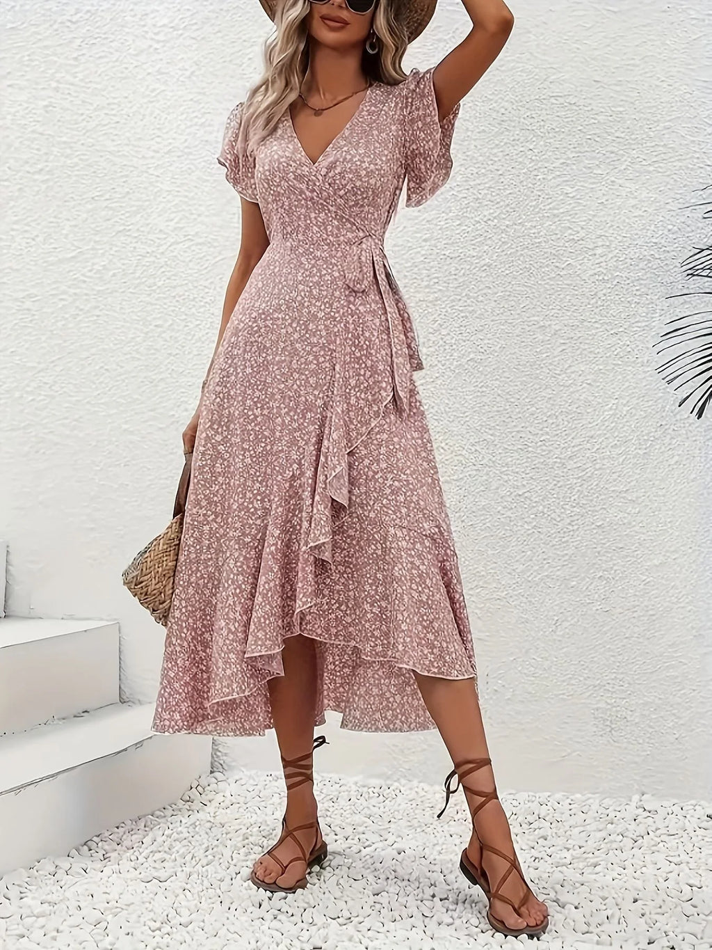V Neck Ditsy Floral Regular Fit Elegant Dress With No