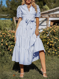 Blue Sttipe Belt Puff Short Sleeve V Neck Ruffle A-line Summer Eatsre Casual Dress
