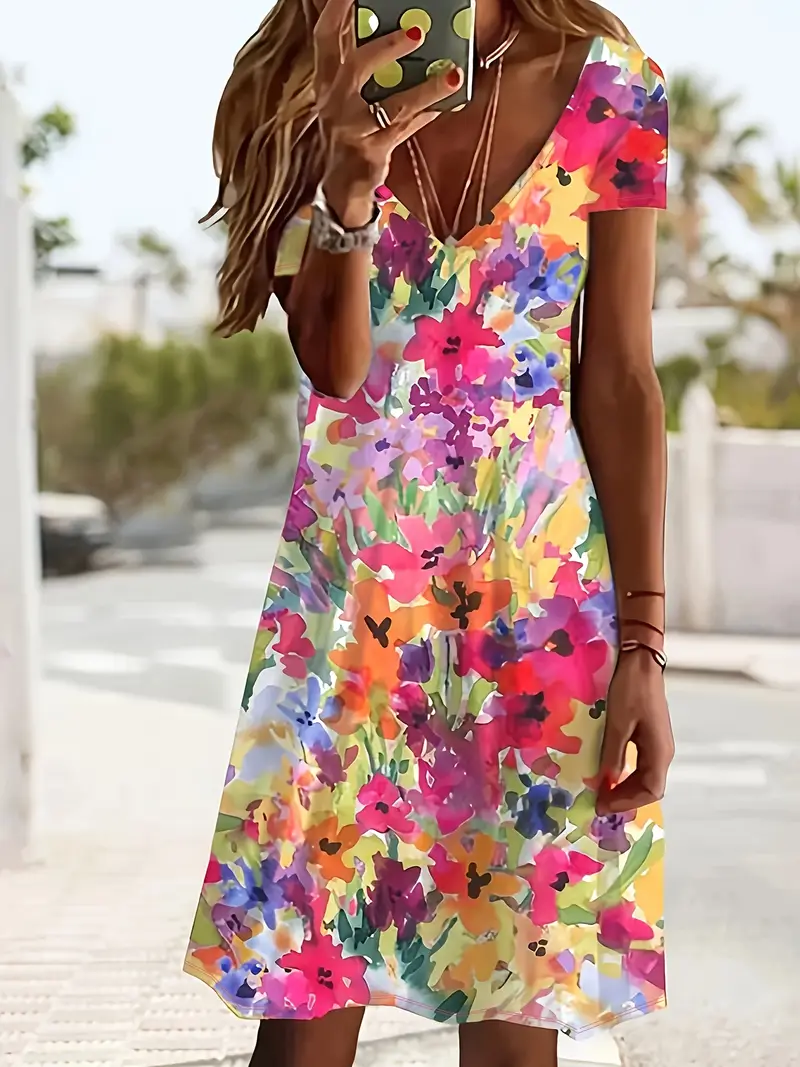 Women's Floral Print Casual V-Neck Short Sleeve Dress
