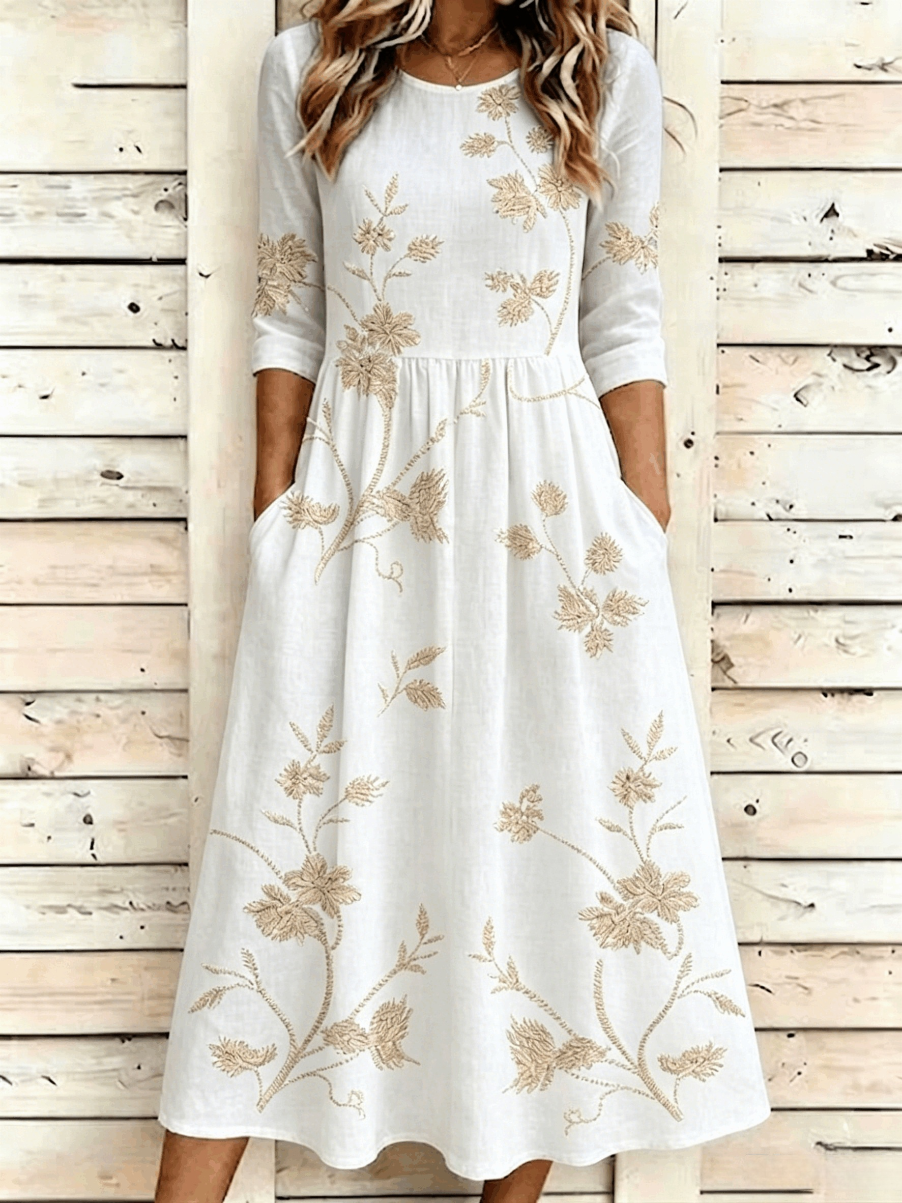 Floral Vintage Crew Neck Printing Dress With No