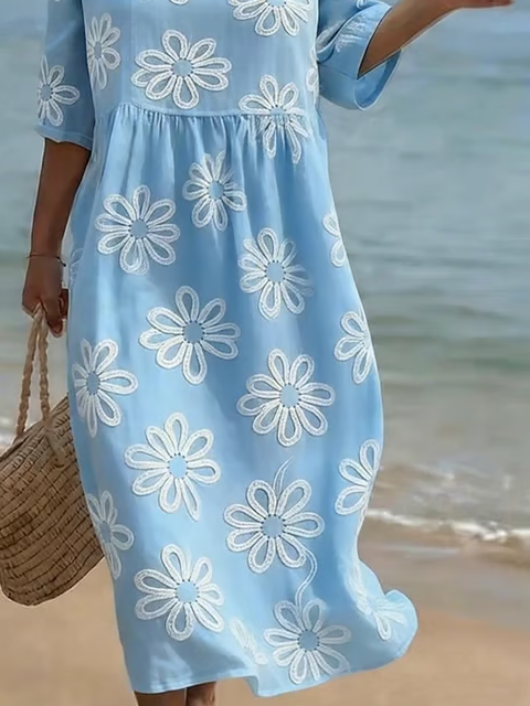 Crew Neck Elegant Floral Dress With No