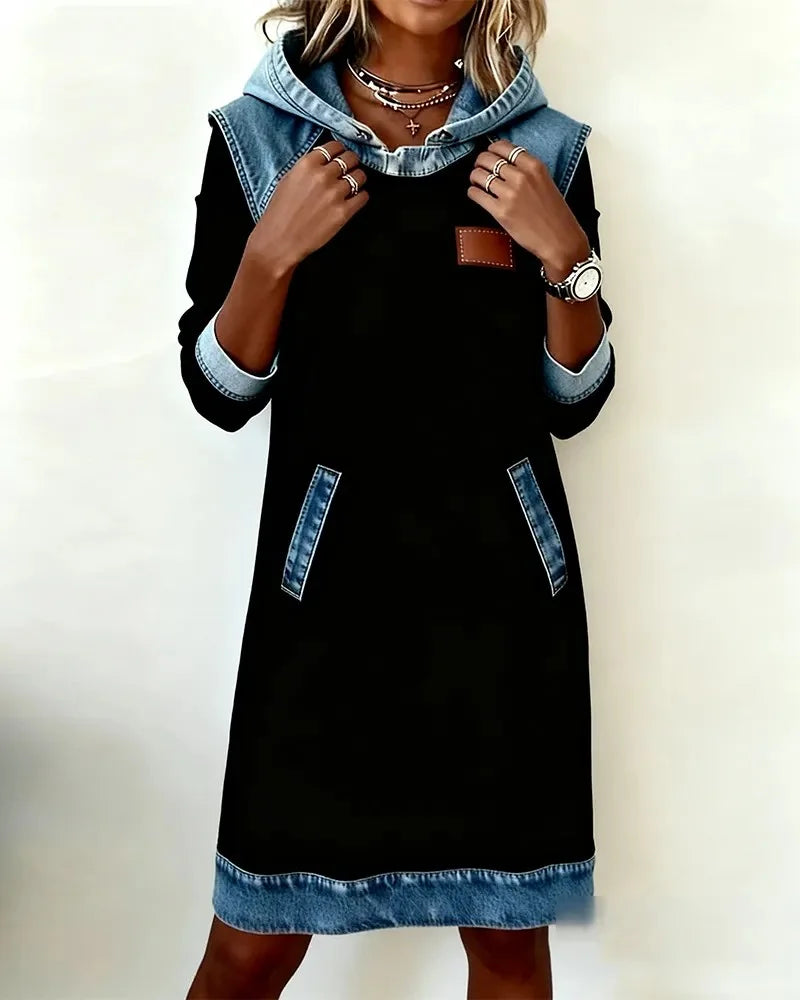 Women’s White Jean Patchwork Long Sleeve Hooded Midi Sweatshirt Dress