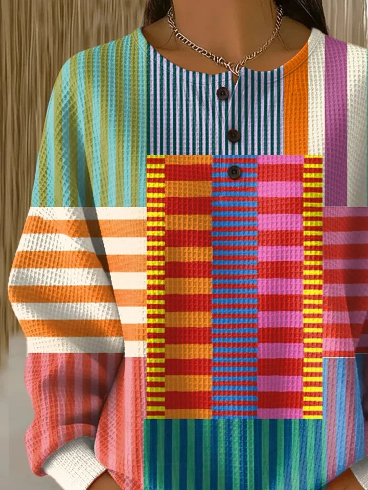 Women's Abstract Print Button-Up Casual Waffle Knit Sweatshirt