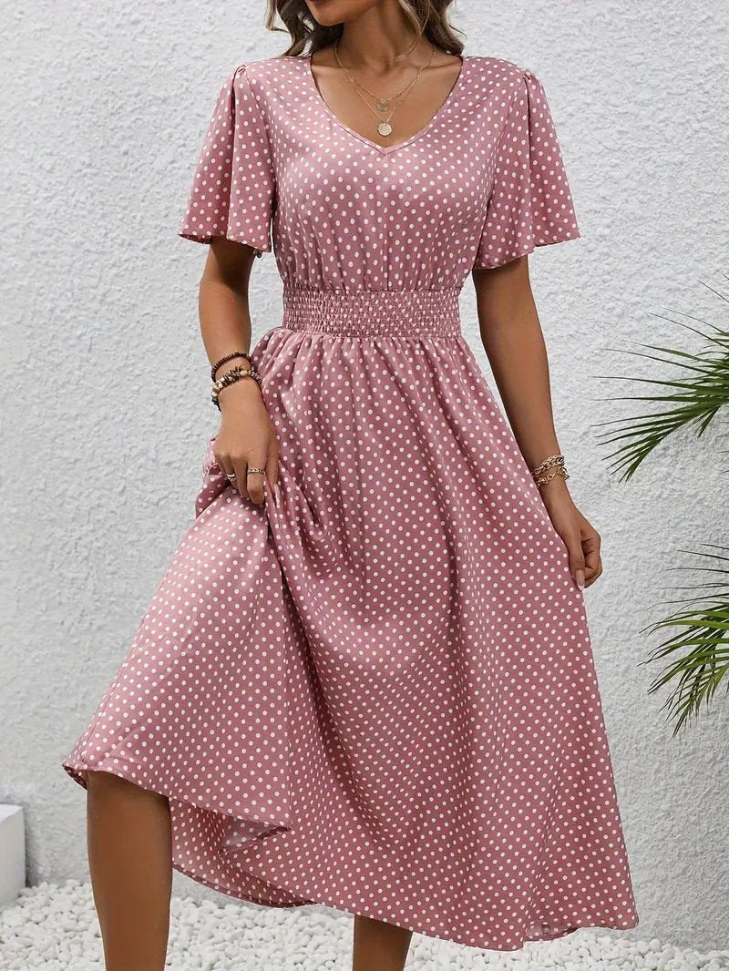 Women's Short Sleeve Summer Blue Polka Dots Split Joint V Neck Daily Going Out Casual Maxi A-Line Tank Dress
