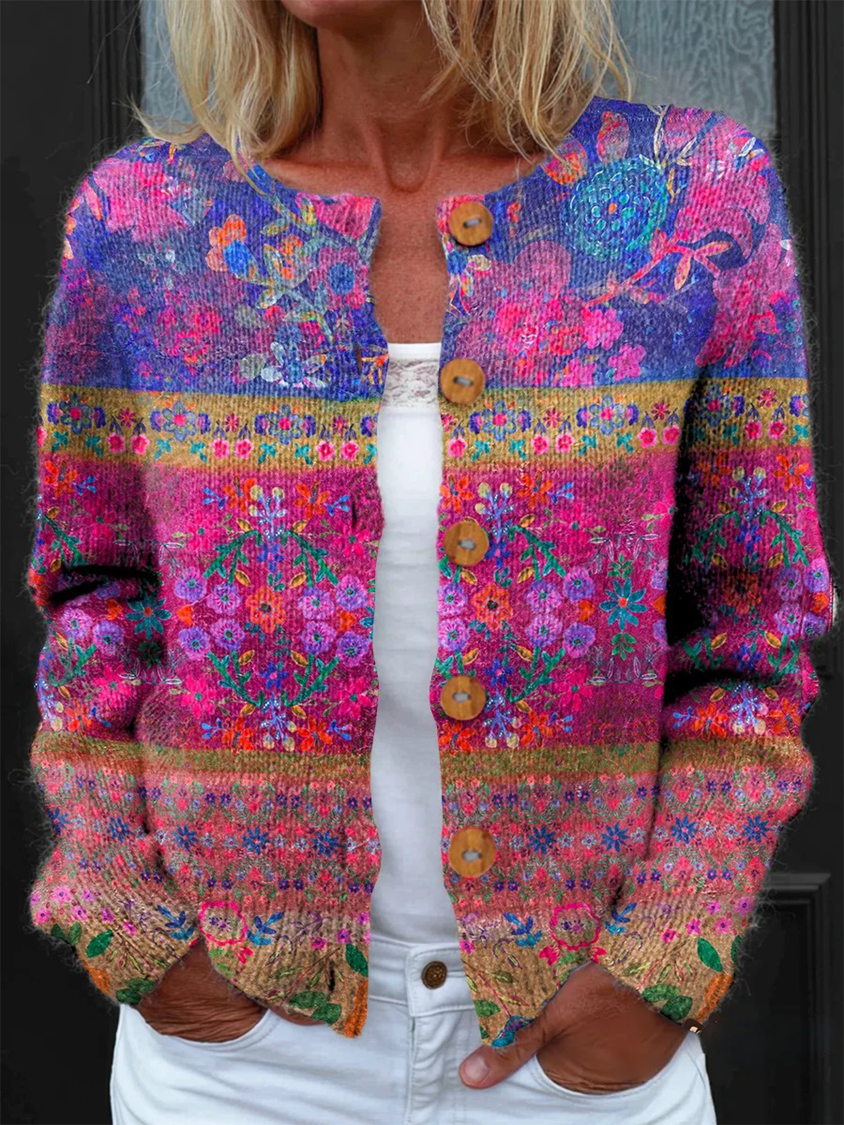 Retro Floral Pattern Art Print Button Cardigan Sweater