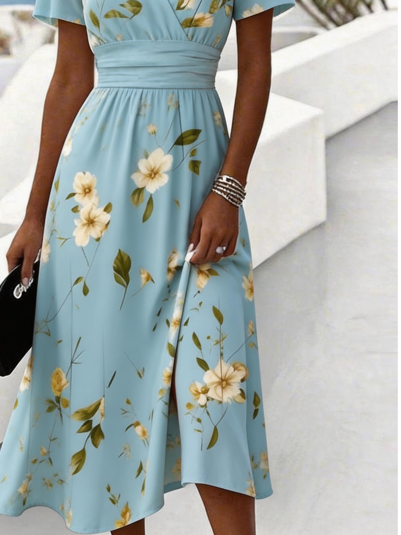 Floral Elegant Regular Fit V Neck Dress With No
