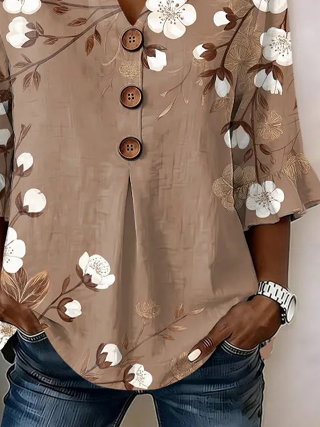 Women's Half Sleeve Blouse Summer Light Brown Floral Printing V Neck Daily Going Out Vintage Top