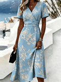 Women's Blue Floral Print Flattering A-Line Midi Dress