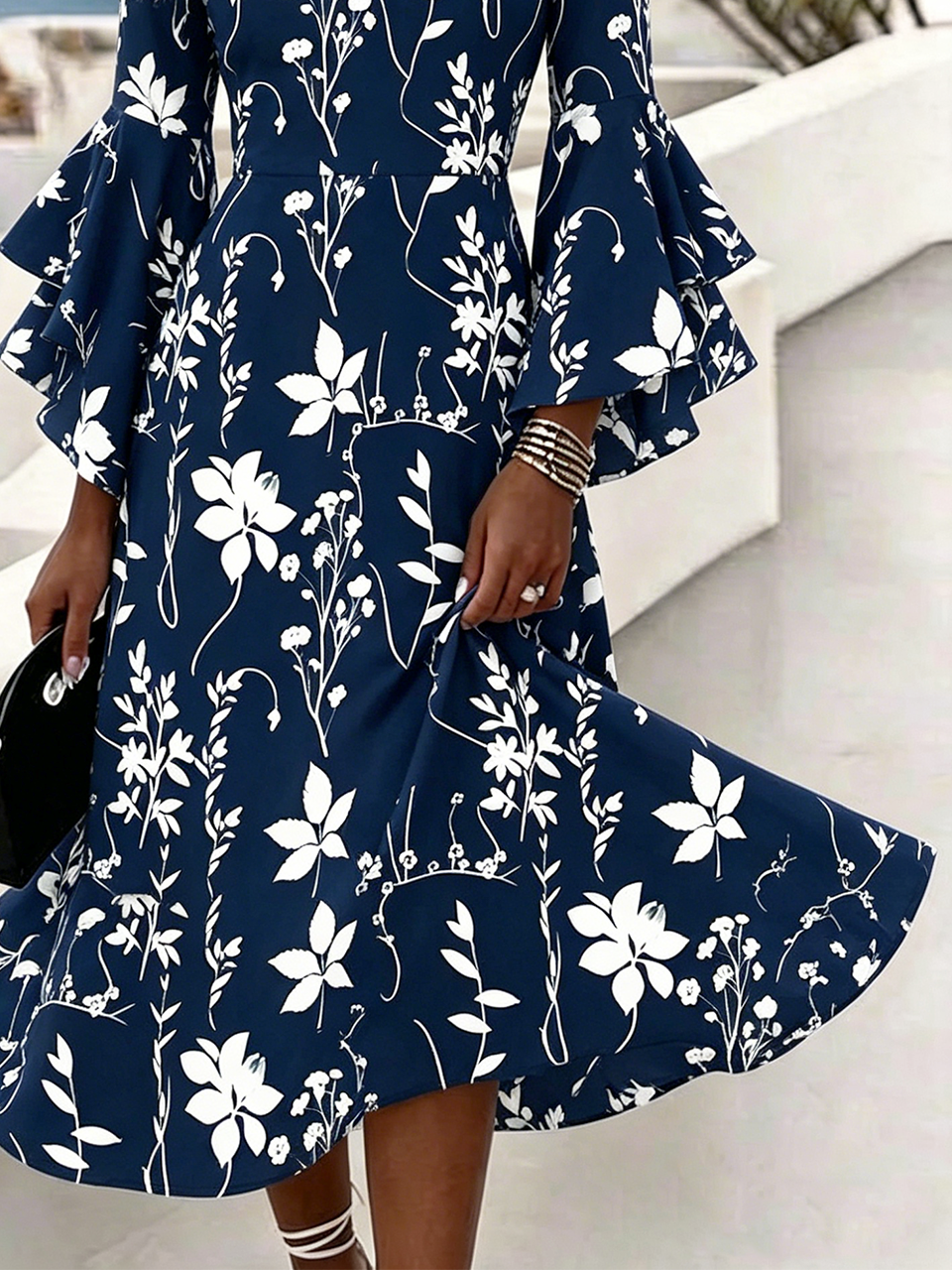 Regular Fit Bell Sleeve V Neck Floral Elegant Dress With No