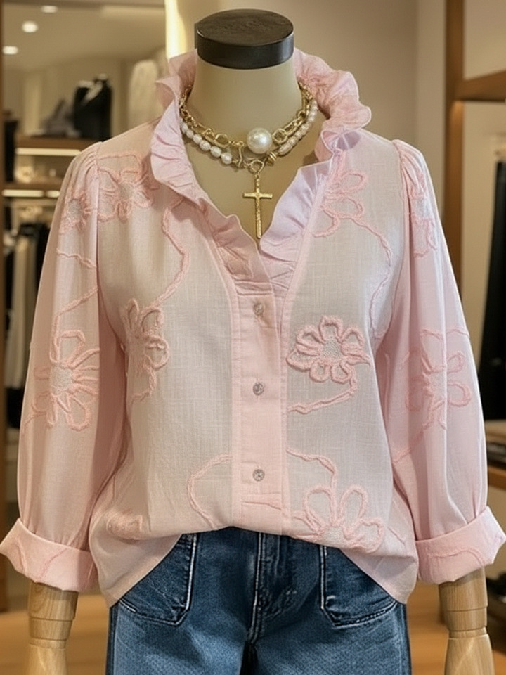 Women Elegant Ruffle Embroidery Patterns Floral The Quarter Sleeve V Neck Spring Summer Going Out Casual Blouse