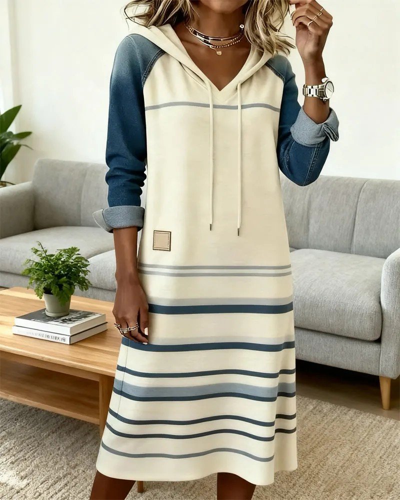 Multicolor Block Casual Hoodie Sweashirt Dress With No