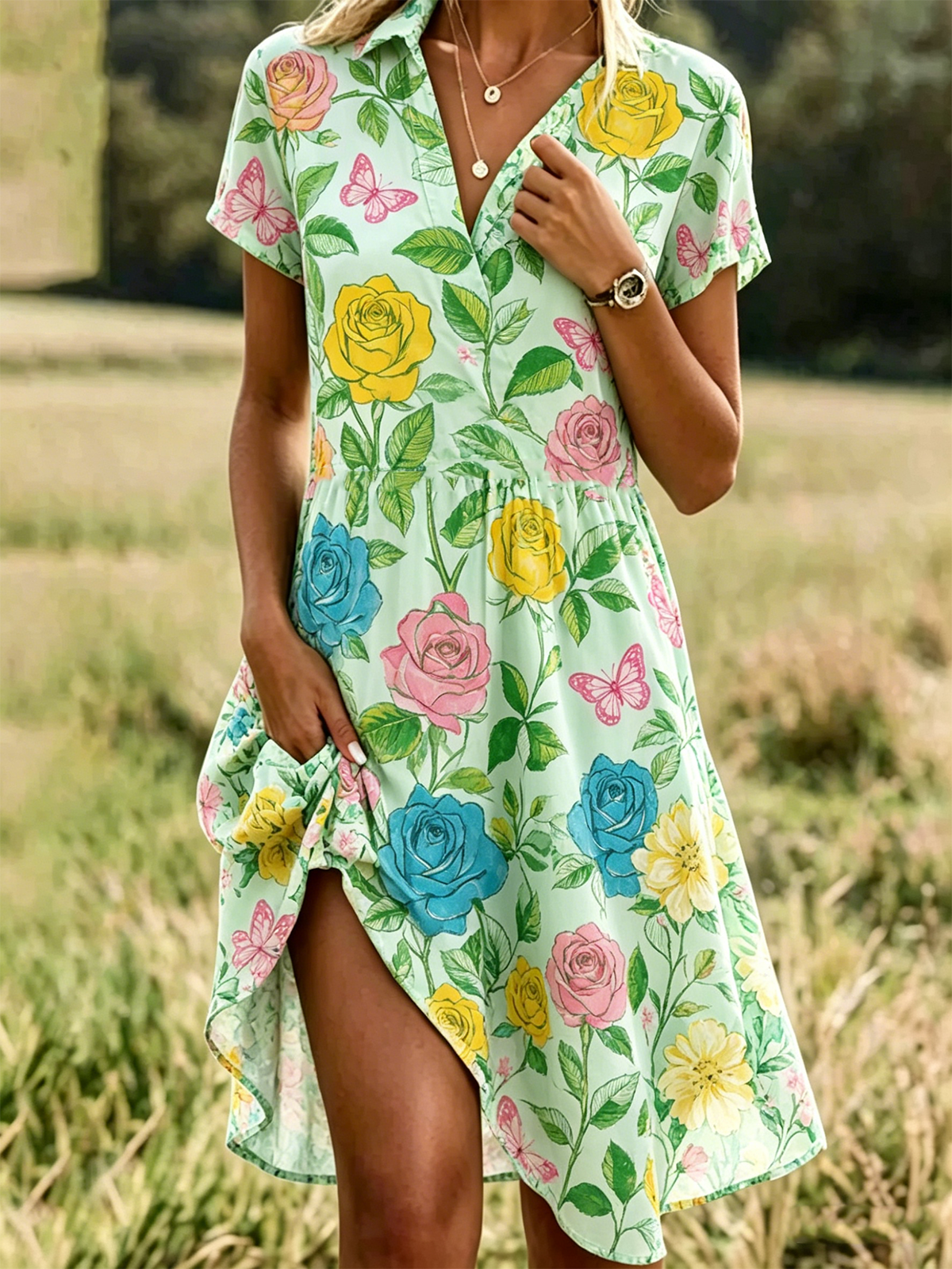 Shawl Collar Elegant Loose Ditsy Floral Shirt Dress With No