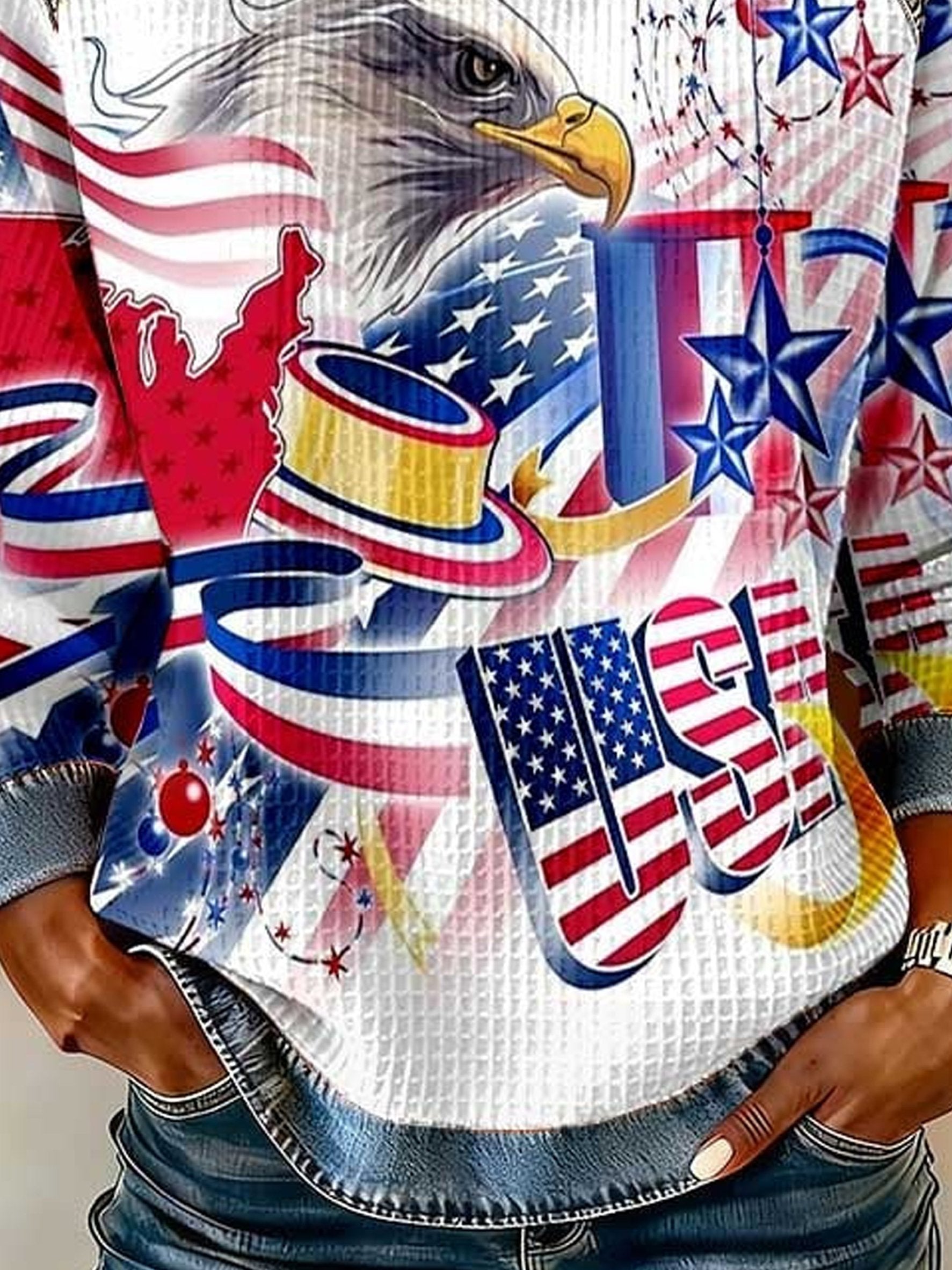 Street Denim Color Block Letter Pattern Round Neck Long Sleeve Independence Day Going Out Casual Sweatshirt