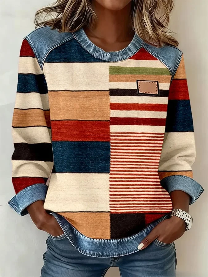 Women's Abstract Print Patchwork Denim Crewneck Long-Sleeved Sweatshirt
