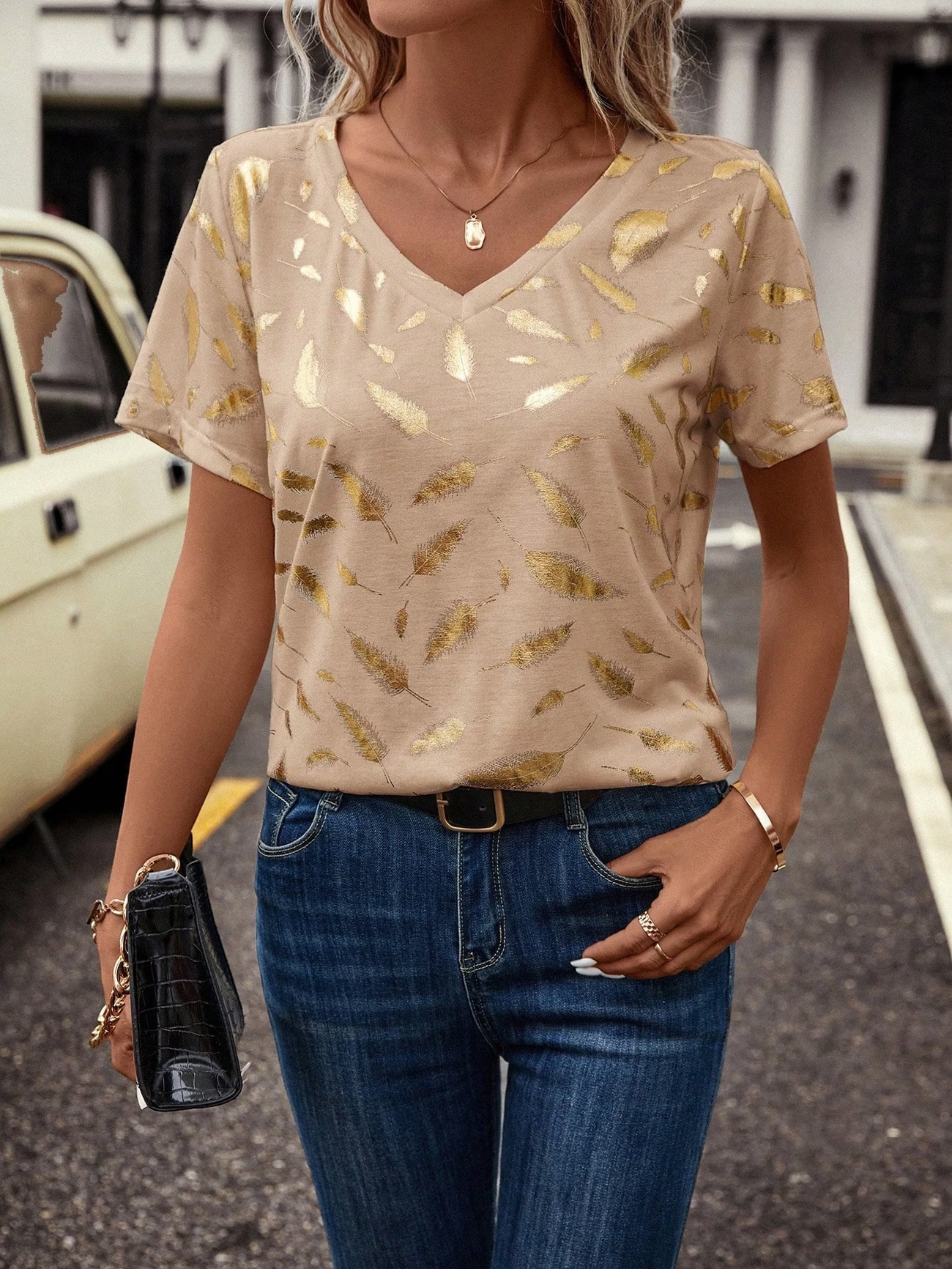 Women's Short Sleeve T-shirt Summer As Picture Leaf Printing V Neck Holiday Going Out Vintage Top