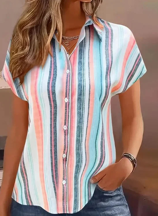 Colorful Striped Color Nlock Short Sleeve Shawl Collar Button Summer Casual Shirt
