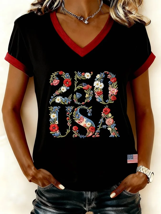 Women's Short Sleeve T-shirt Summer Black Independence Day (Flag) Printing V Neck Holiday Going Out Vintage Top