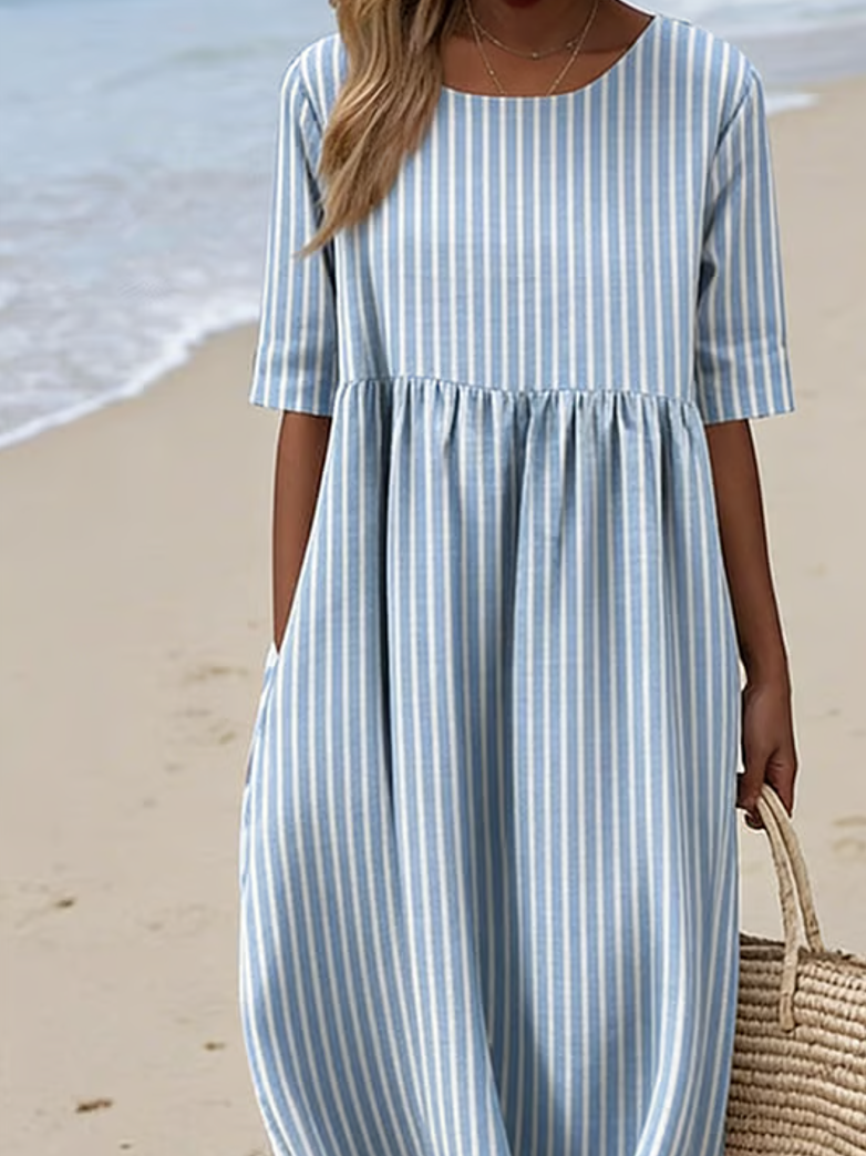 Crew Neck Striped Vintage Dress With No