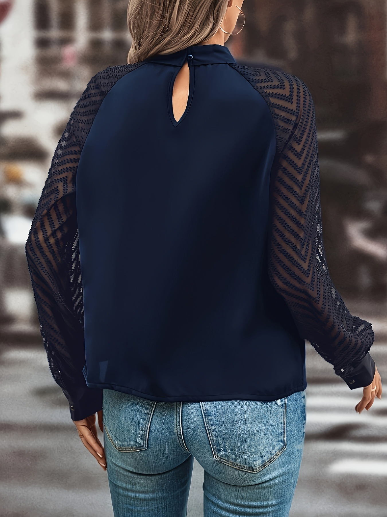 Elegant Chiffon Mesh Block Loose Stand Collar Blouse