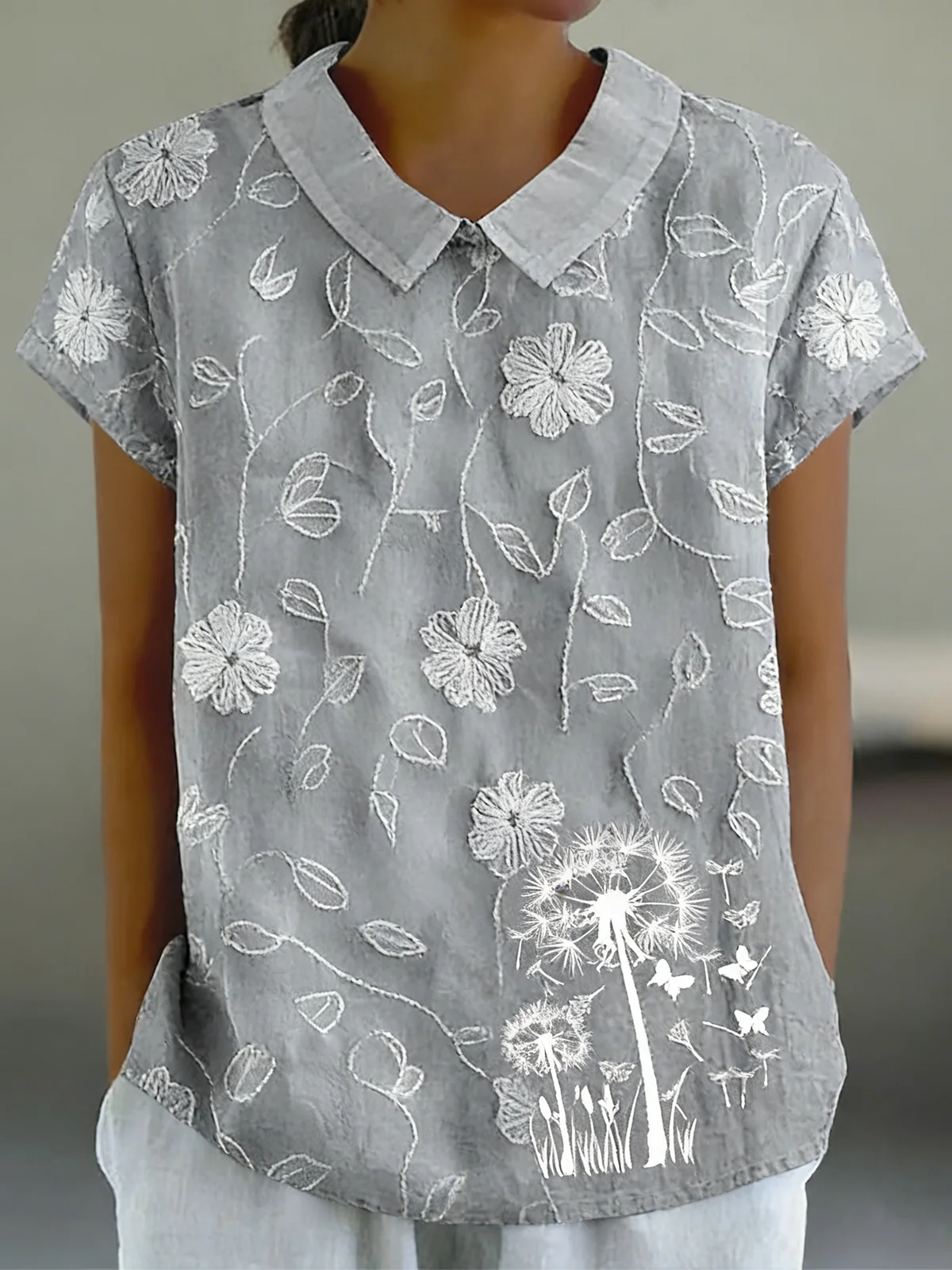 Linen Blend Vintage Lace Shawl Collar Shirt