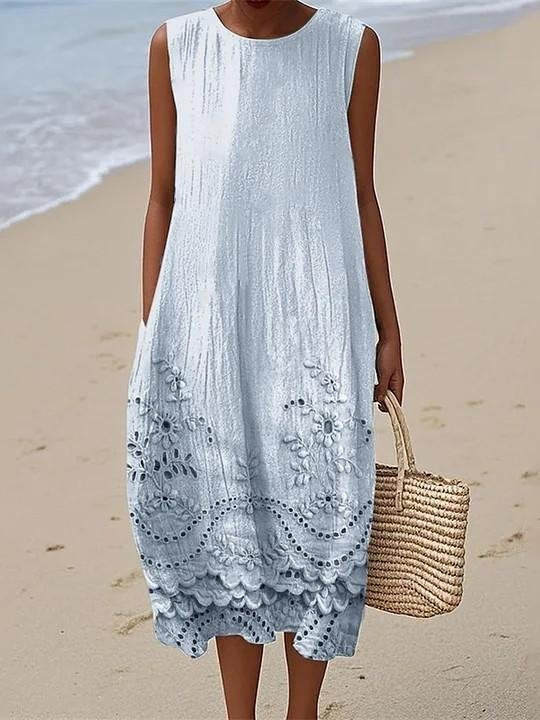 Cottage Floral Lace Embroidered Flowy Linen Tank Dress