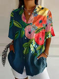 Women's Short Sleeve Shirt Summer Navyblue Floral Printing Shirt Collar Daily Going Out Casual Top