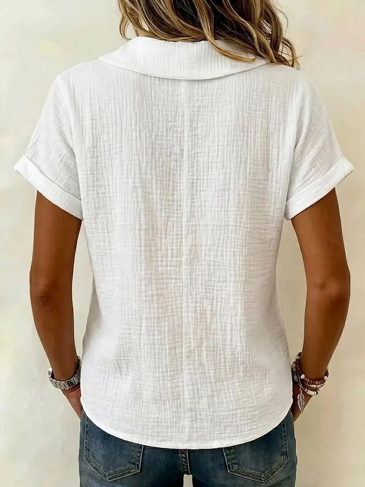 Women's Solid Color V-Neck Short Sleeve Blouse Casual Crinkle Texture Top with Shawl Collar