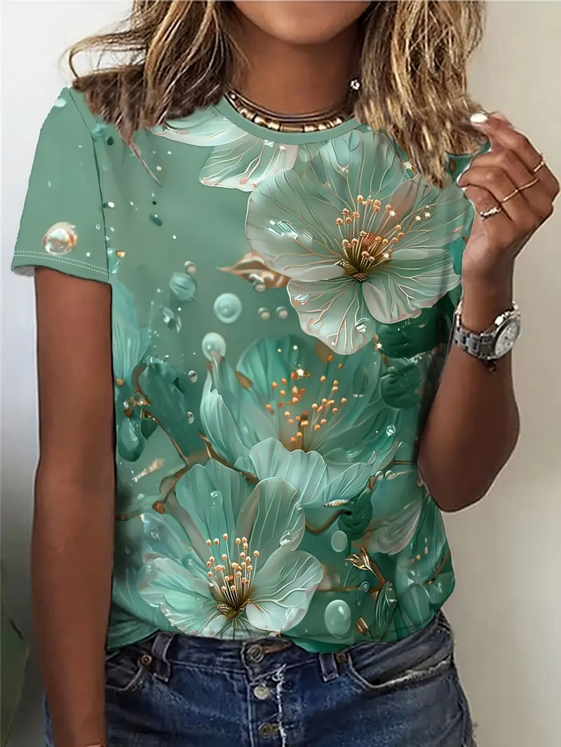 Women's Floral Spring Print Casual Round Neck Short Sleeve T-Shirt