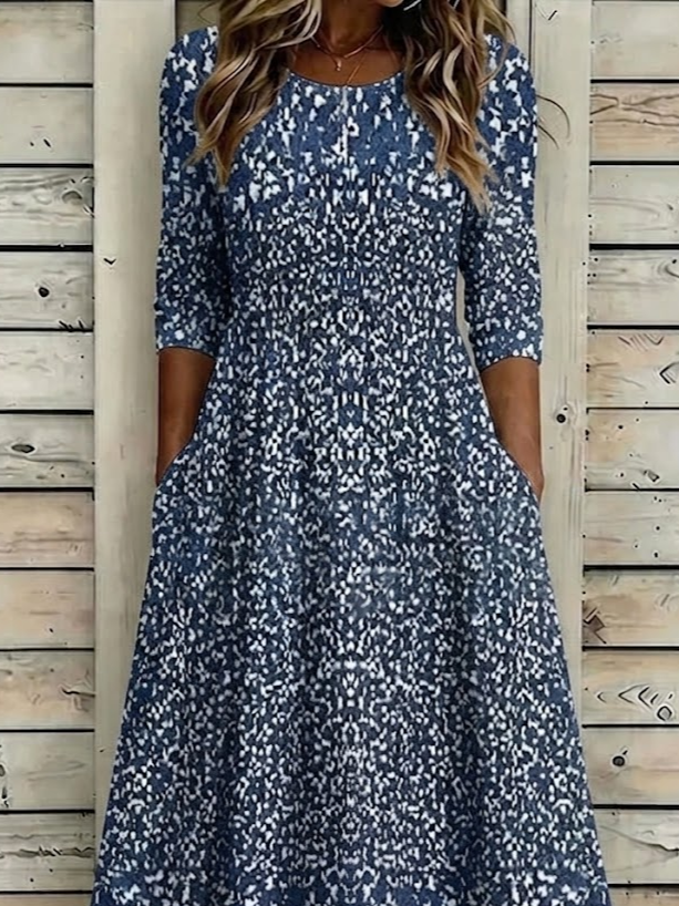 Women's Half Sleeve Summer Navyblue Abstract Printing Crew Neck Daily Going Out Casual Maxi H-Line Dress