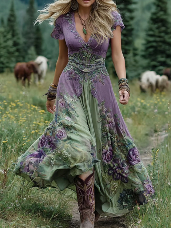 Women’s Vintage Floral Print Summer V-Neck Regular Fit A-Line Maxi Dress