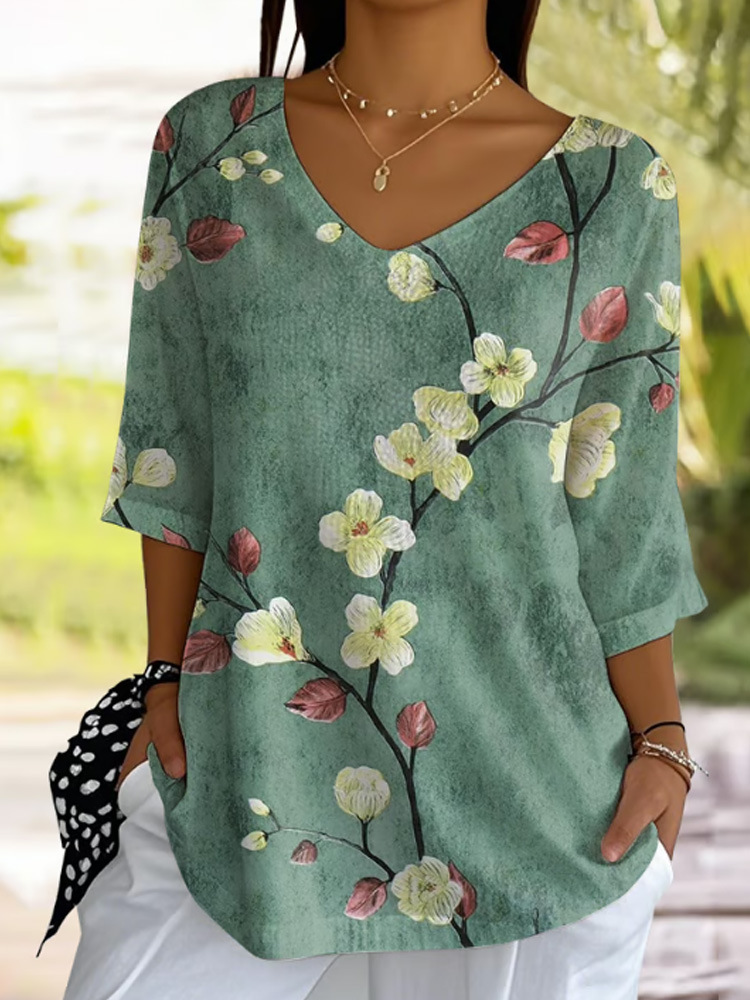 Women's Three Quarter Sleeve T-shirt Spring/Fall Vintage Floral Print V Neck Daily Going Out Casual Top