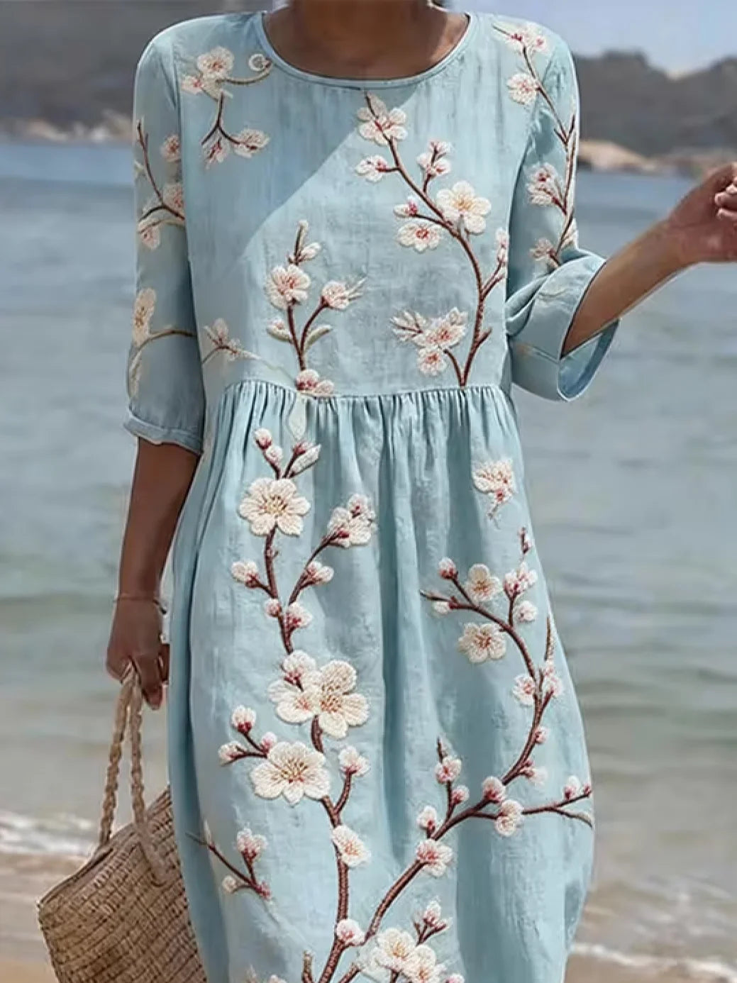 Women's Half Sleeve Summer Blue Floral Printing Crew Neck Daily Going Out Casual Maxi H-Line Dress