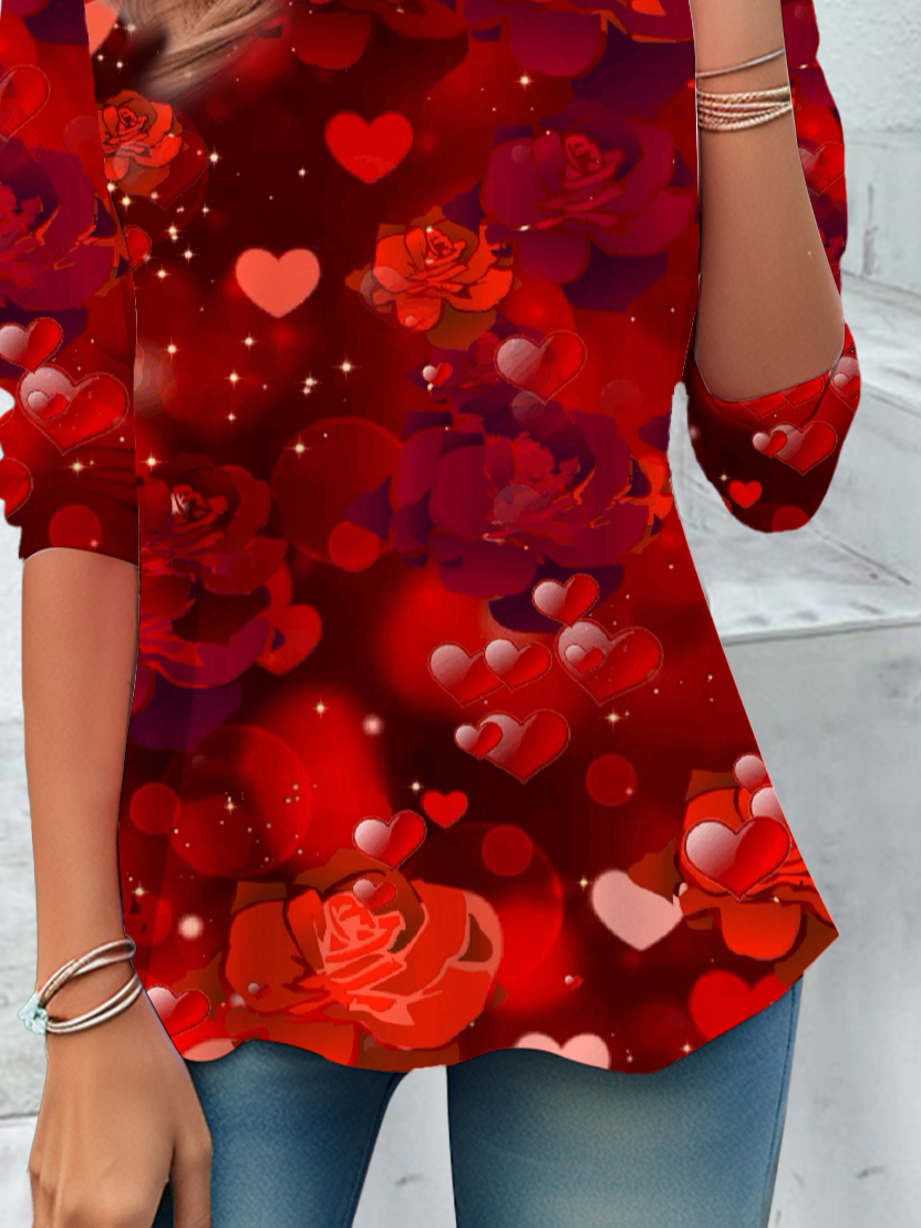 Women's Long Sleeve T-shirt Spring/Fall Red Floral Jersey Crew Neck Daily Going Out Casual Top