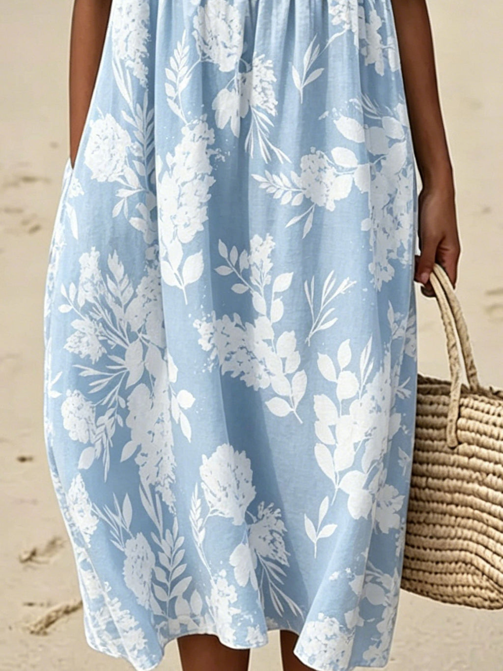 Blue Floral Crew Neck Short Sleeve Summer Daily Going Out Casual Maxi Dress