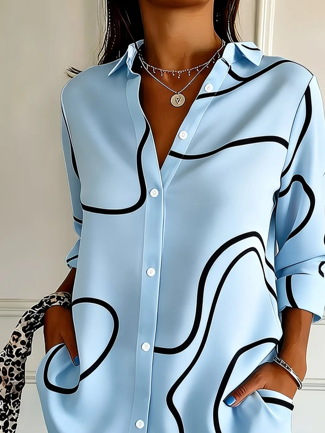 Women's Long Sleeve Shirt Spring/Fall Blue Abstract Buckle Shirt Collar Regular Sleeve Daily Going Out Casual Top