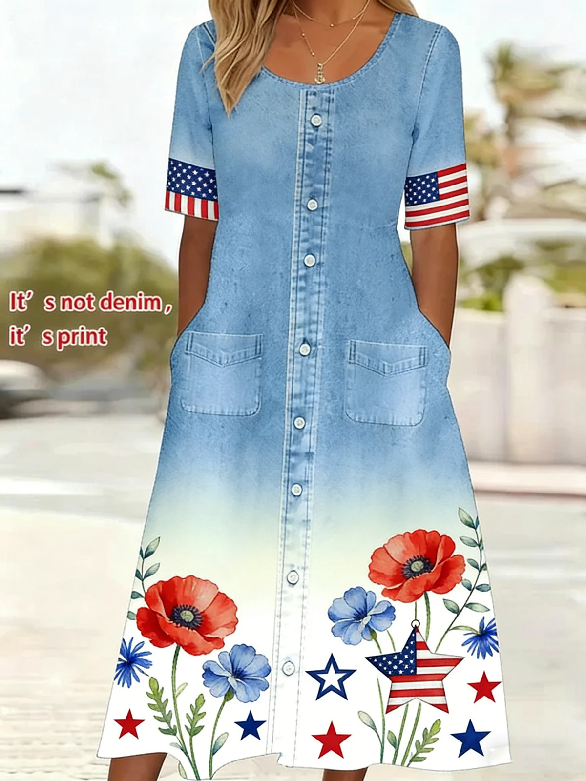 Loose Simple Independence Day Crew Neck Dress With No
