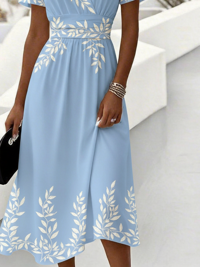 Elegant Regular Fit V Neck Leaf Dress With No